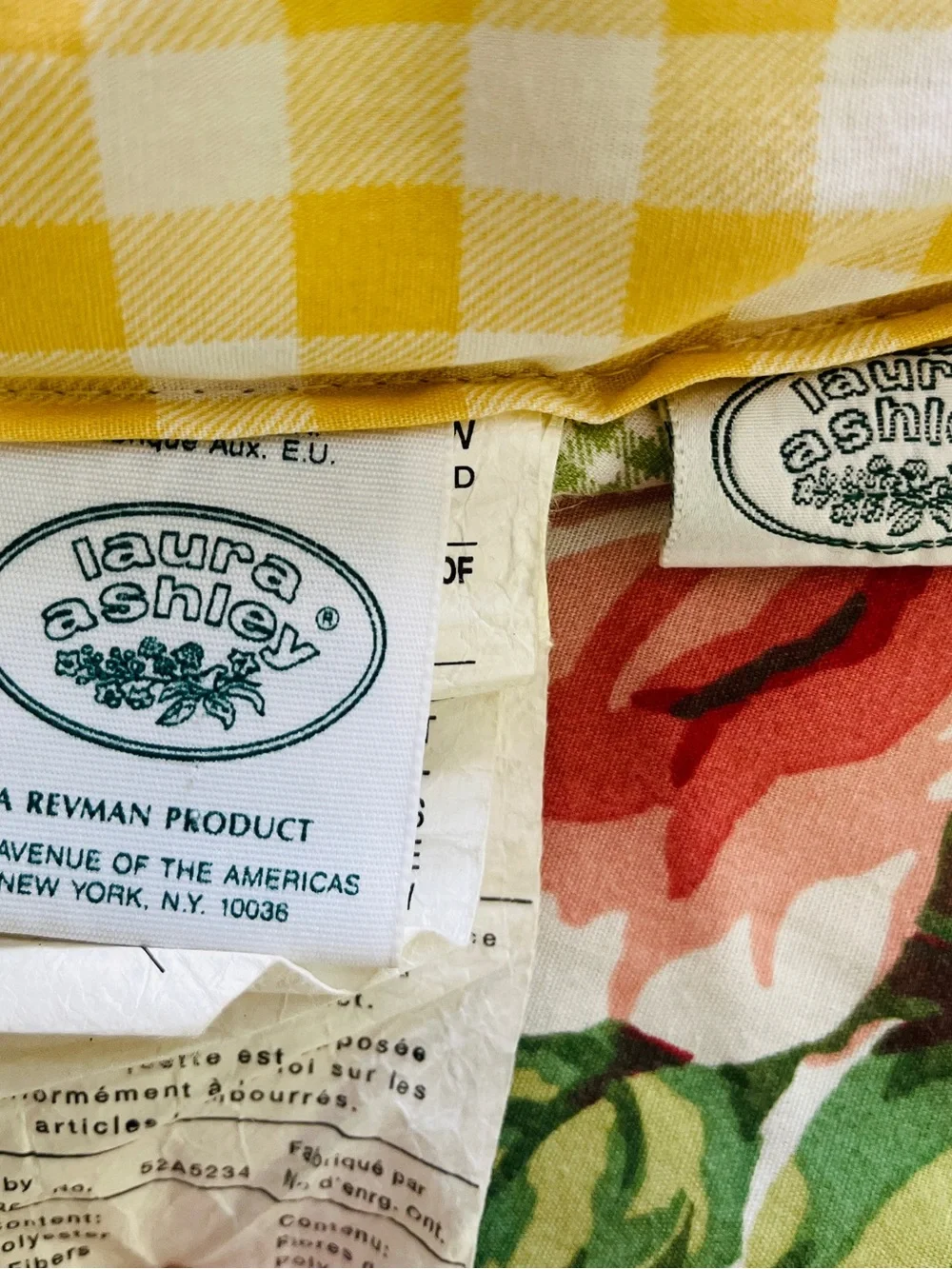 Vintage Laura Ashley queen Cabbage Roses Yellow gingham quilt